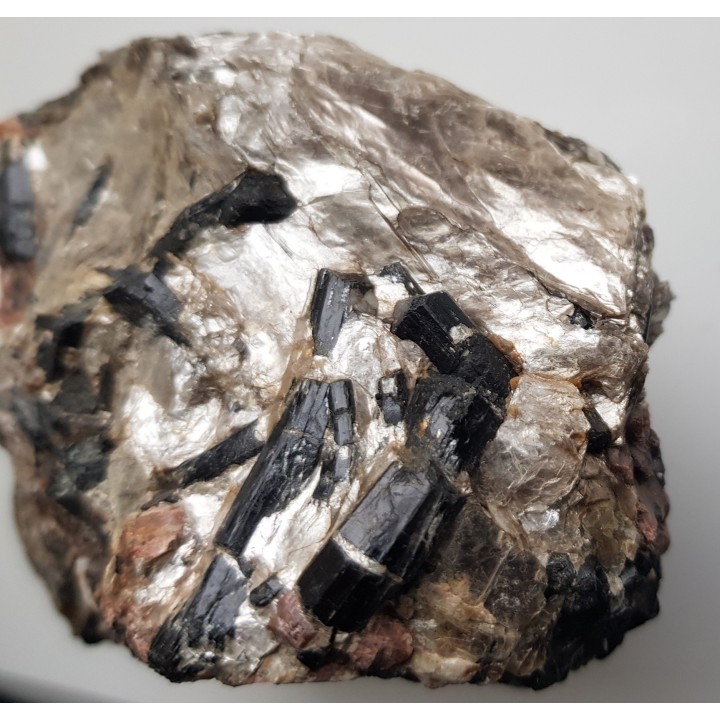 Kryształy szerlu o pięknym połysku w muskowicie z Piławy Górnej