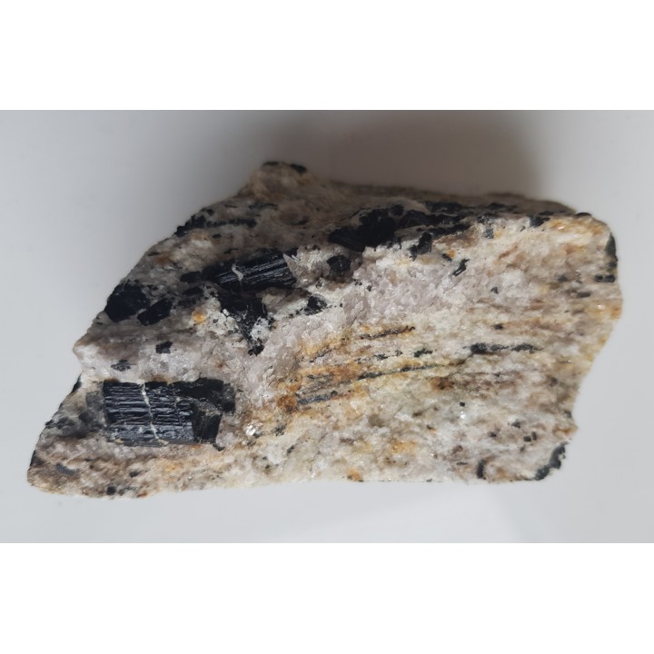 Polerowany przekrój przez jasny gnejs z turmalinami z Różanej k. Bielawy w Górach Sowich